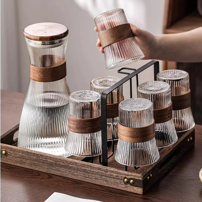 Ribbed Glass Carafe & Tumbler Set with Wooden Lid, Stand and Tray – Elegant Water & Juice Pitcher for Dining and Entertaining