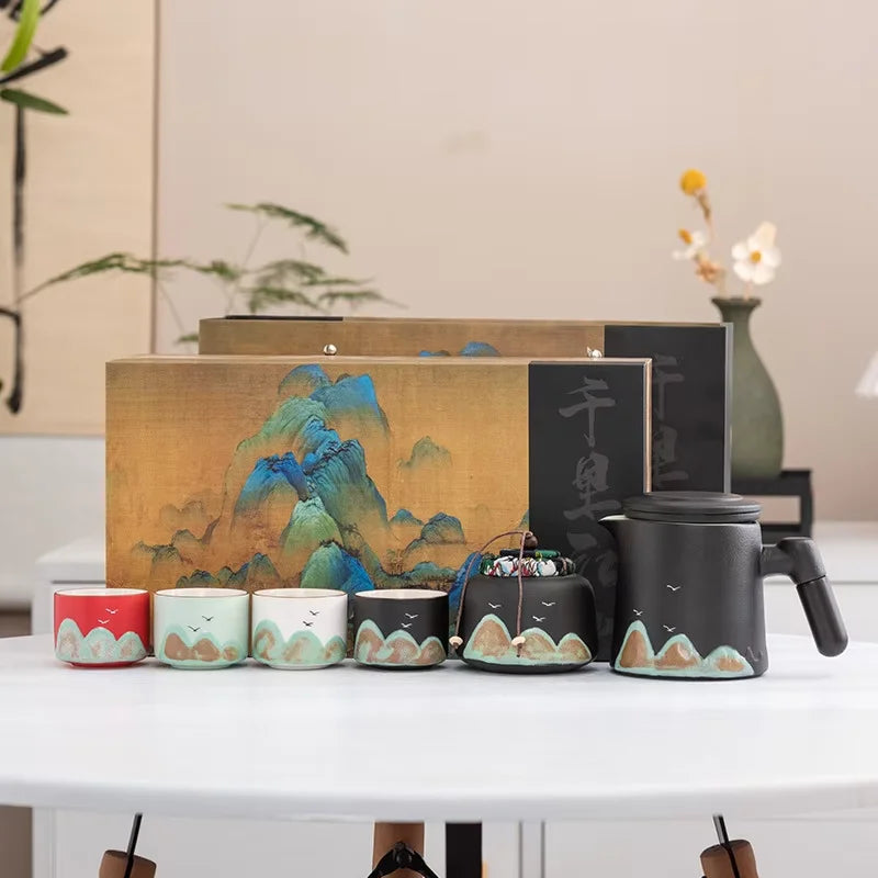 Hand-Painted Mountain Ceramic Tea Set with Tea Holder – 6-Piece Teapot & Four Cups Gift Box