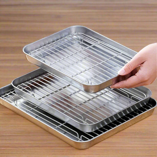 Stainless Steel Baking Pan with Cooling Rack – Oven Tray for Cookies, Grilling & Roasting