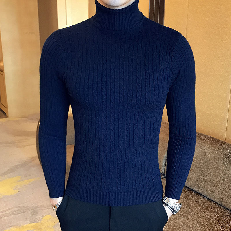 Men’s Cable Knit Roll Neck Jumper – Slim Fit Ribbed Turtleneck Long Sleeve Knitwear Top