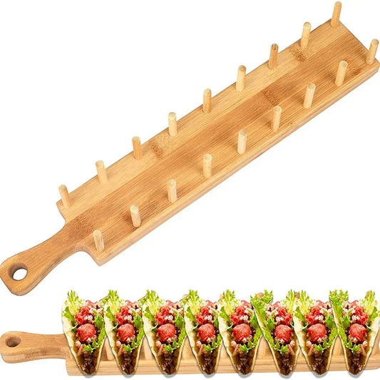 Wooden Taco Holder Serving Board with Handle – Slot Taco Stand for Parties & Dining