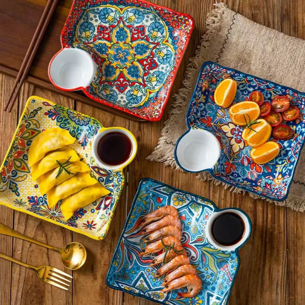 Zareli Ceramic Serving Dish with Sauce Holder – Tapas Plate for Table Serving