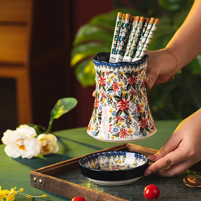 Floria Ceramic Utensil Holder – Floral Kitchen Utensil Caddy with Drain Base, Cutlery Holder, Spoon Fork Storage Organiser