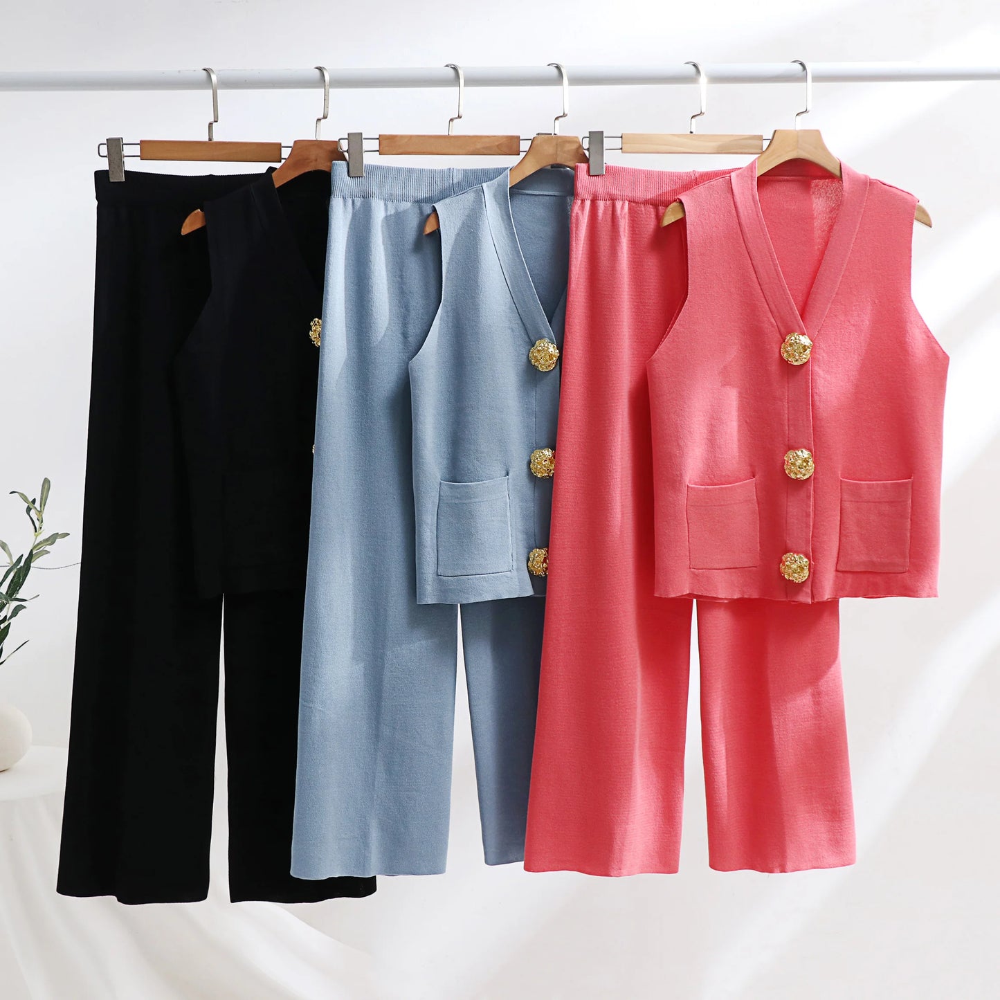 Solvaira Gold Button Knit Co-Ord Set – Sleeveless Knit Two Piece with Wide Leg Trousers for Summer & Holiday Outfits