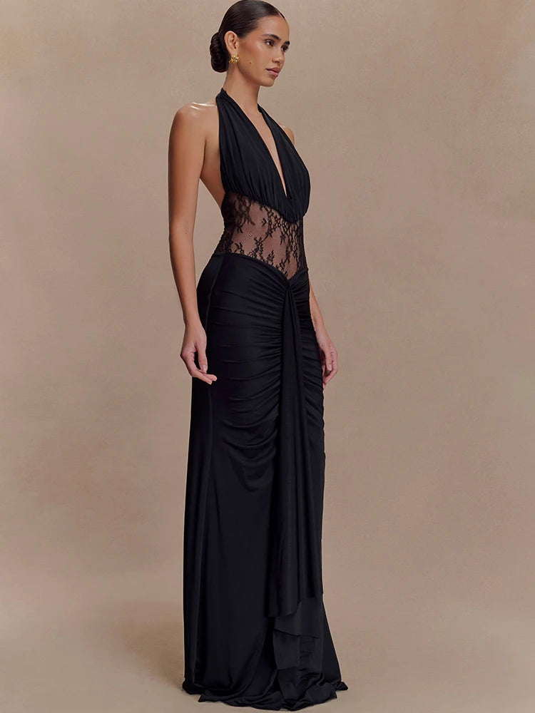 Alessine Lace Halter Maxi Dress – Sheer Panel Ruched Evening Gown for Wedding Guest & Partywear