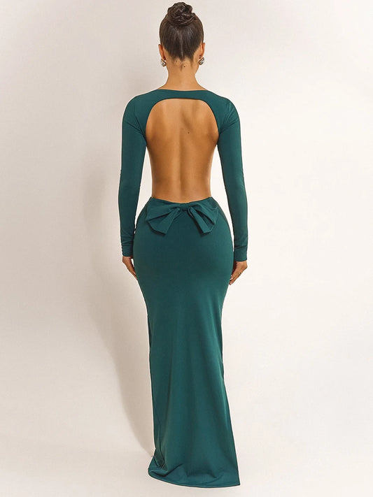 Naevia Long Sleeve Backless Maxi Dress – Open Back Bodycon Evening Gown with Bow Detail