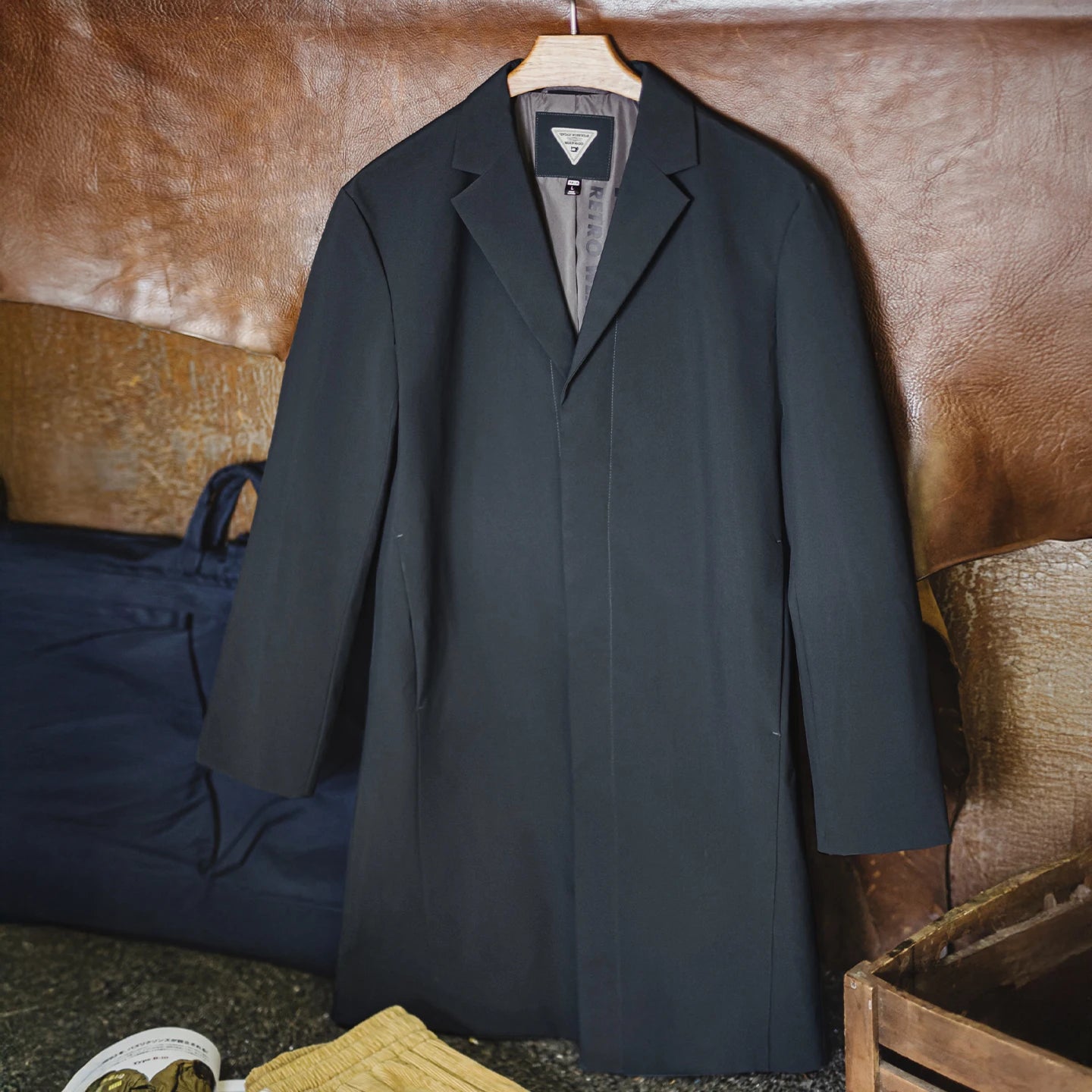 Arleston Single-Breasted Overcoat – Men’s Long Navy Jacket with Lapel Collar & Pockets