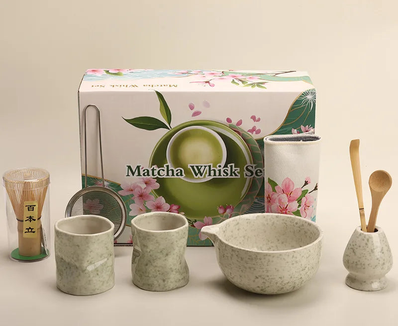Blossom Grove Matcha Making Set – 9-Piece Ceramic Matcha Tea Set with Whisk, Scoop, Bowl & Mat for Home Matcha Making