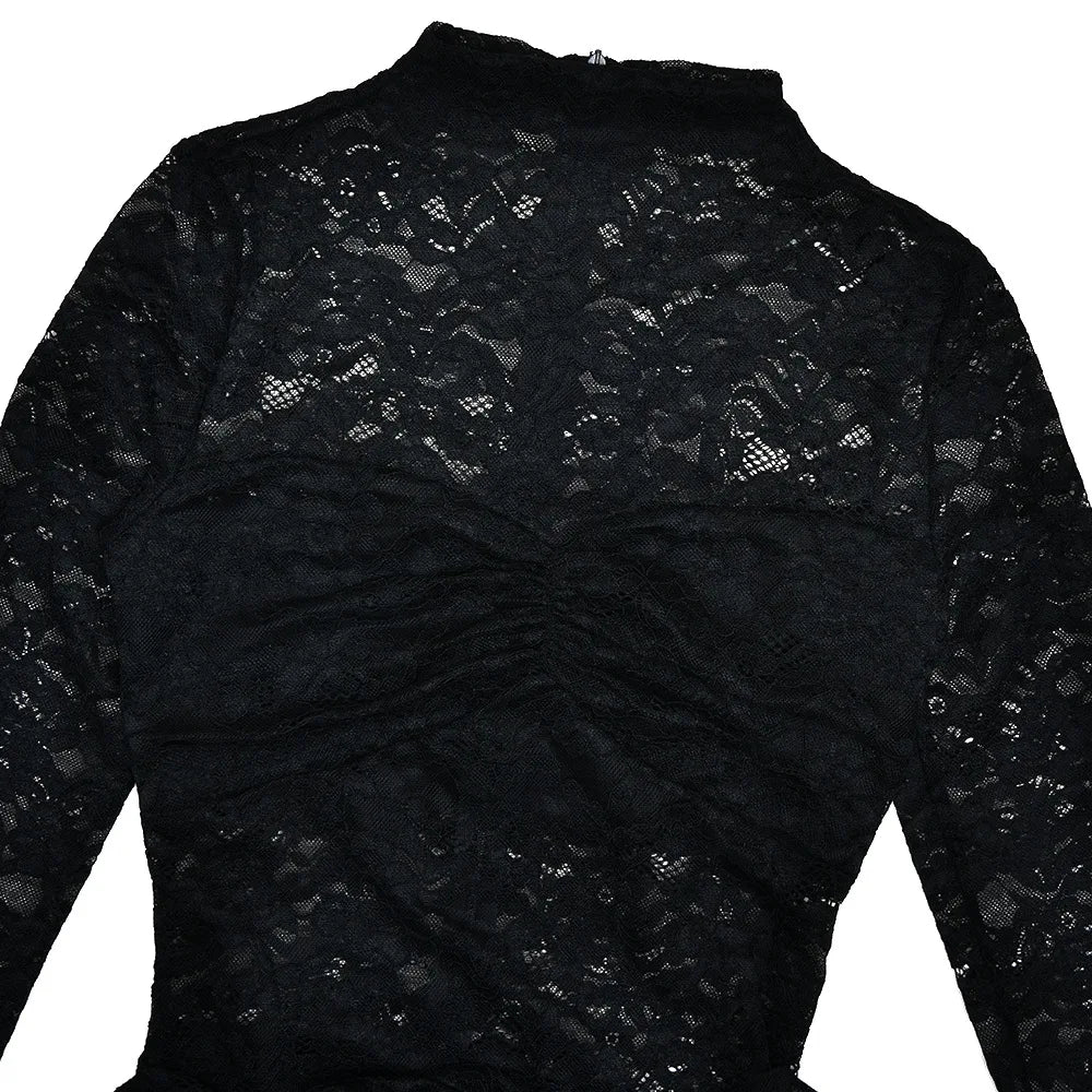 Seraphielle Black Lace Long Sleeve Mini Dress – Ruched Bodycon Party Dress with Sheer Detail and Statement Drape