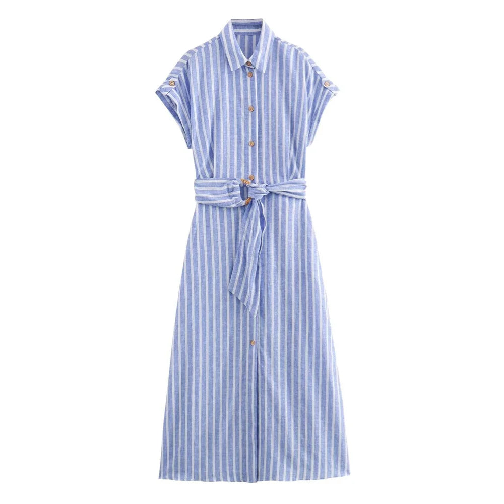 Alira Blue Stripe Shirt Dress – Button Front Midi Belted Summer Dress with Collar