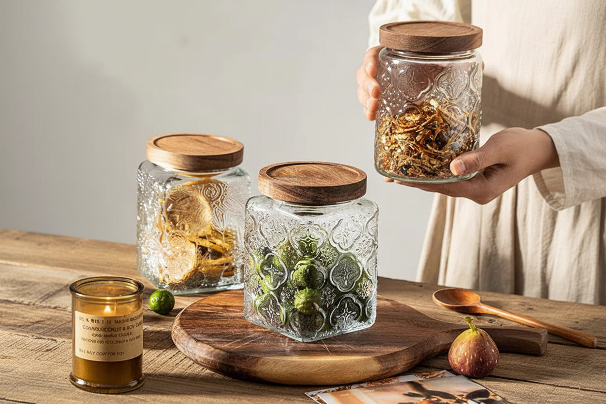 Embossed Glass Storage Jar with Wooden Lid