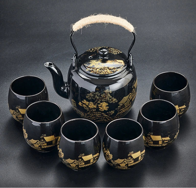 Luxury Ceramic Teapot and Cup Set with Bamboo Handle – Premium Japanese Style Tea Set for Home Entertaining & Perfect Gifting
