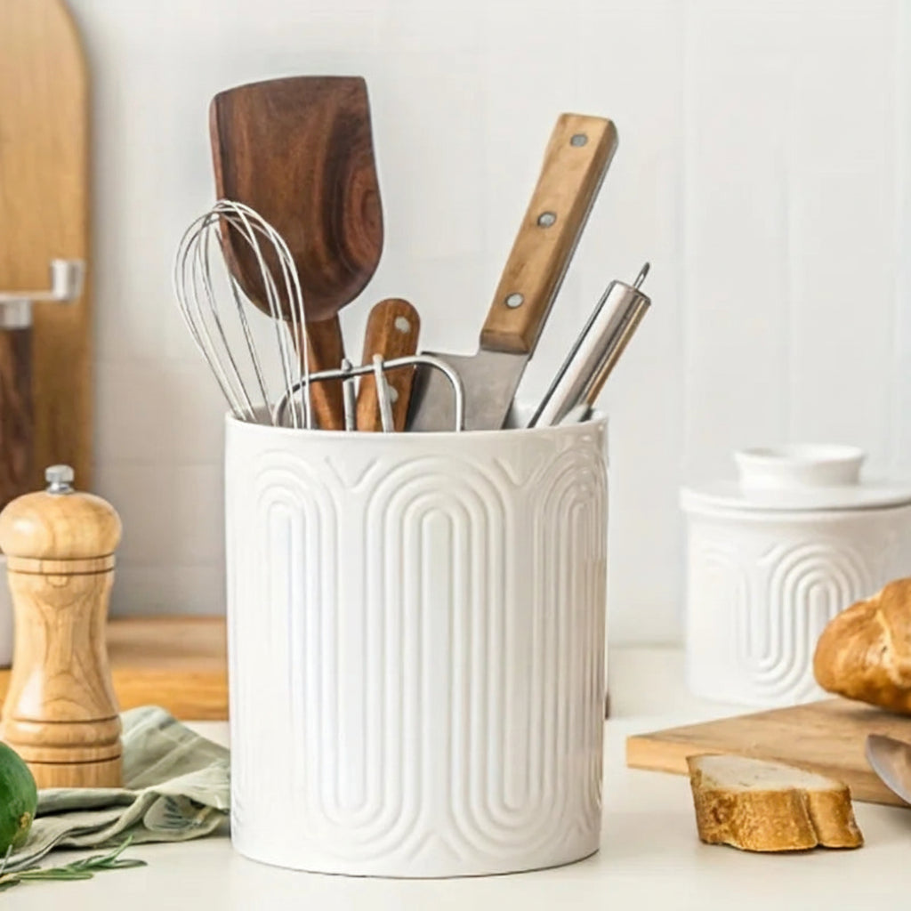 Linea Textured Ceramic Utensil Holder – Kitchen Counter Storage Jar