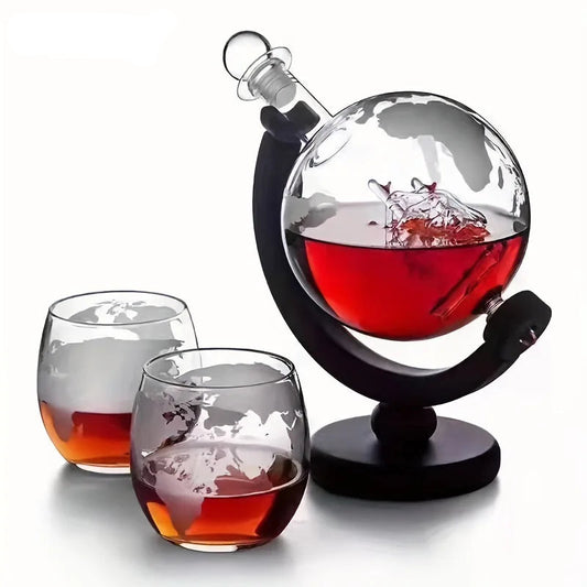 Globe Whiskey Decanter Set with Glasses – Etched Glass World Map Decanter on Wooden Stand