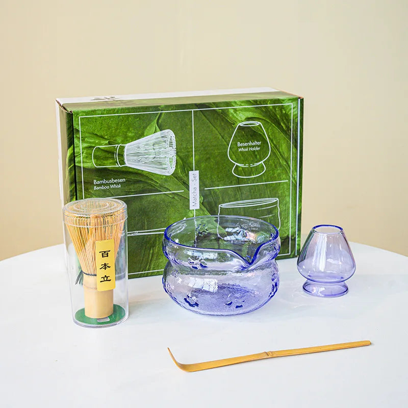 Matcha Tea Ceremony Set – Pink/ Blue Glass Matcha Bowl With Bamboo Whisk, Scoop & Accessories 4/5/7/8 Piece Set