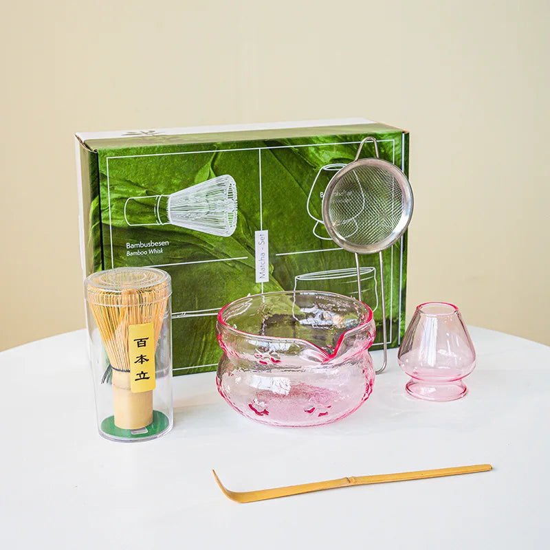 Matcha Tea Ceremony Set – Pink/ Blue Glass Matcha Bowl With Bamboo Whisk, Scoop & Accessories 4/5/7/8 Piece Set