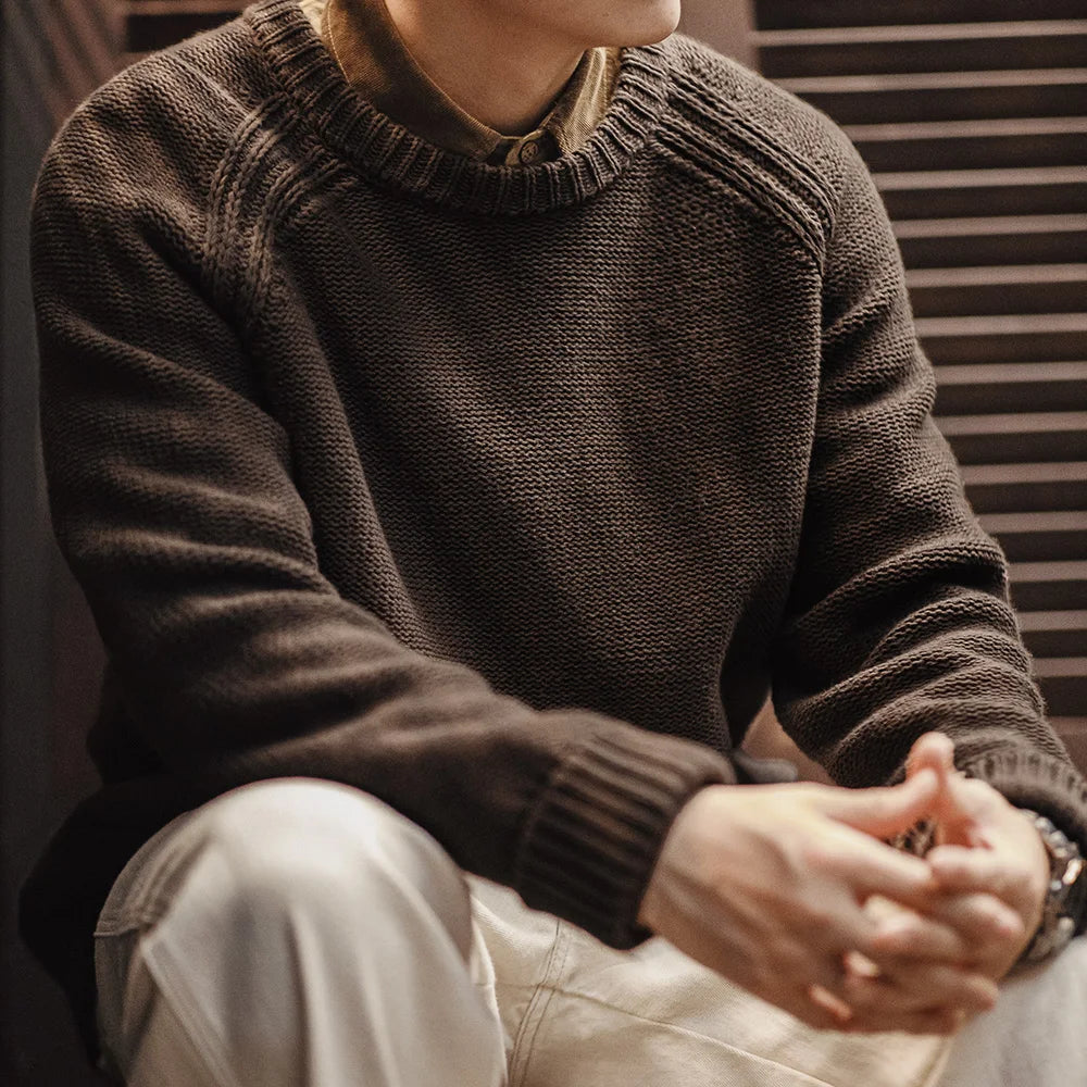 Men’s Heavyweight Knit Sweater – Premium Textured Jumper Pullover in Deep Brown