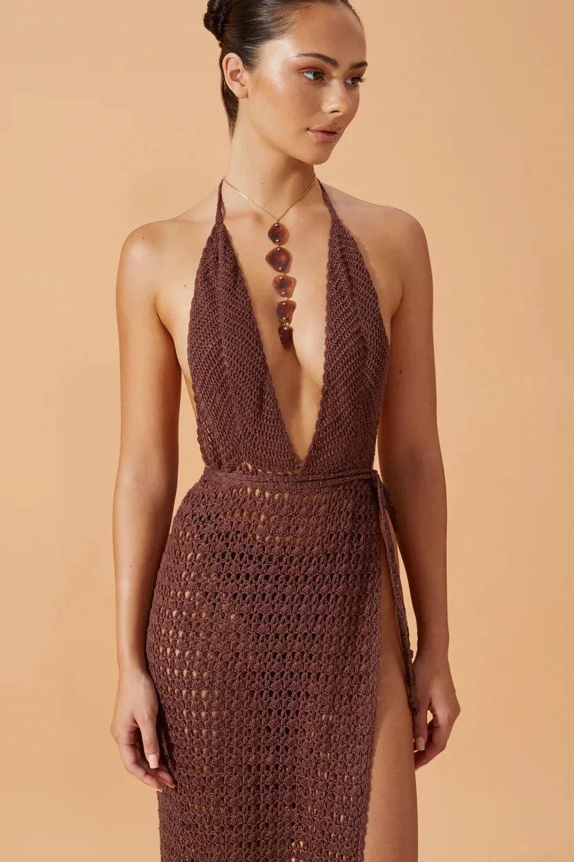 Varelle Crochet Halter Maxi Dress – Deep Plunge Beach Cover Up