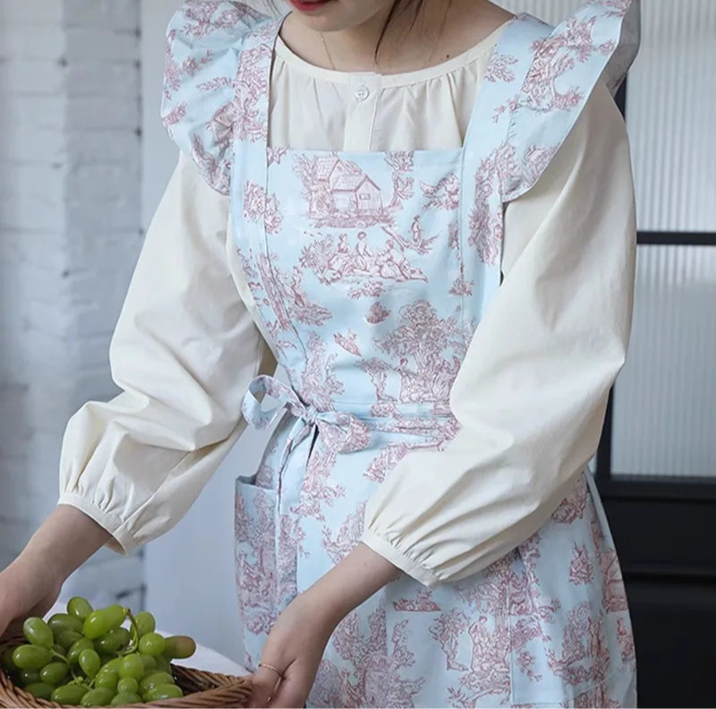 Water-Repellent Floral Ruffle Apron Dress – Vintage Full-Length Apron with Shoulder Frills and Tie Waist for Kitchen & Home