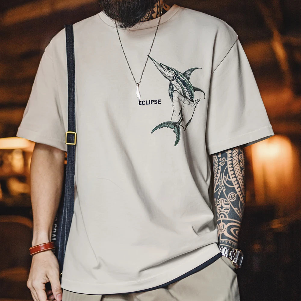 Marlin Men’s Graphic T-Shirt – Oversized Crew Neck Heavyweight 100% Cotton Tee with Fish Print