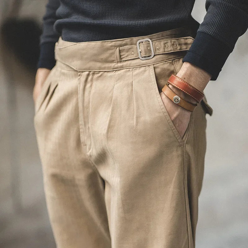 Carrick Pleated Chino Trousers – Sand Belted Adjustable Waist Straight Leg Men's Cotton Trousers