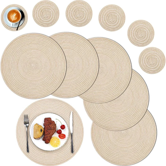 Woven Round Placemats and Coasters Set – 6-Piece Dining Table Mats