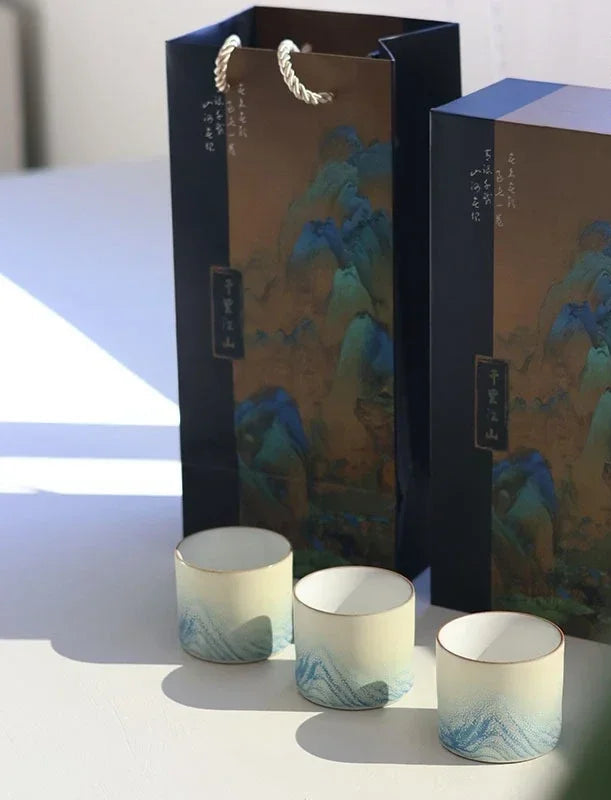 Mountain Landscape Ceramic Tea Cup Gift Set – 3-Piece Handmade Cups with Traditional Art Gift Box