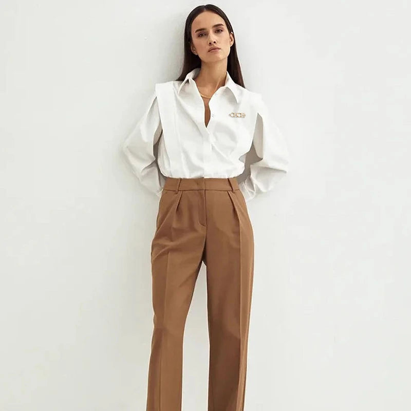 Solène Tailored Blouse in White or Black – Long Sleeve Button-Up Shirt for Women