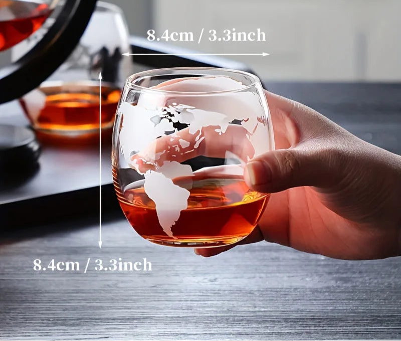 Globe Whiskey Decanter Set with Glasses – Etched Glass World Map Decanter on Wooden Stand