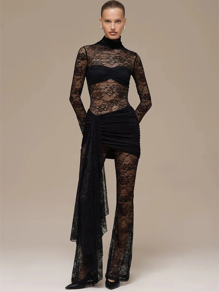 Vionara Lace Sheer Jumpsuit with Draped Wrap Detail – Long Sleeve Mesh Eveningwear for Party & Occasion Outfits