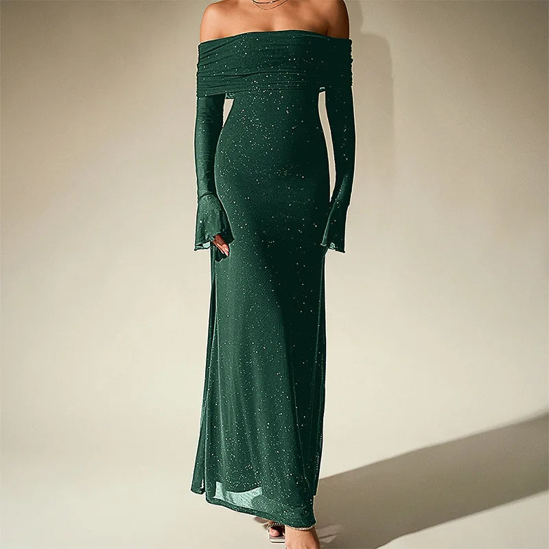 Aurevielle Off Shoulder Glitter Mesh Maxi Dress – Long Sleeve Bodycon Evening, Party & Wedding Guest Gown