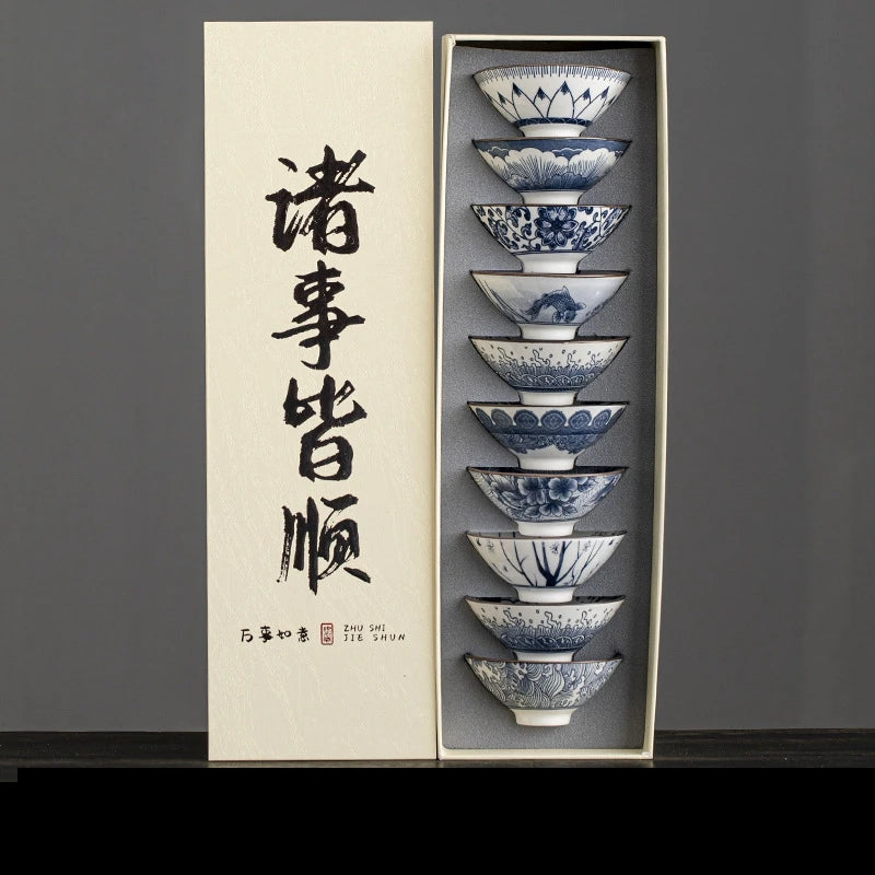 Renshiro Ceramic Tea Bowl Gift Set – 10 Piece Blue and White Tea Cups Set with Gift Box for Tea Serving and Tableware