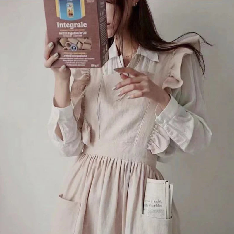 Vintage Frill Apron Dress – Ruffle Strap Kitchen Apron with Pockets for Cooking, Baking & Cleaning
