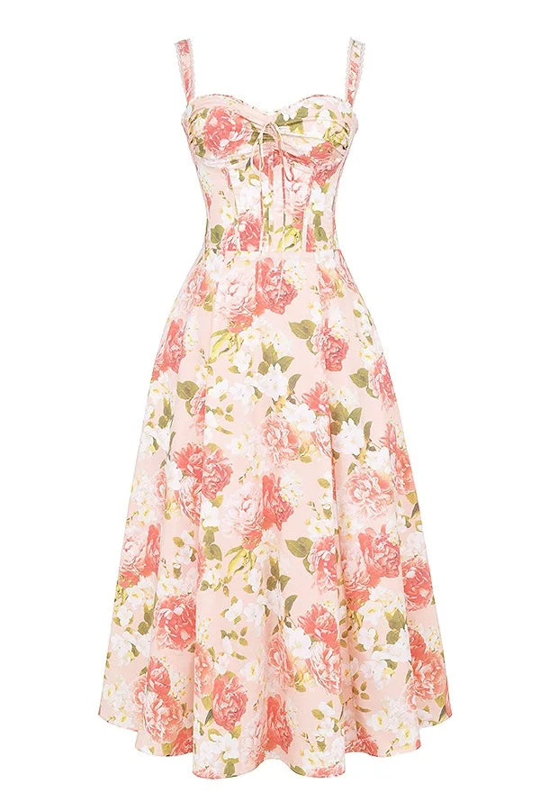 Roselisse Rose Print Corset Midi Dress with Wide Straps – Floral A-Line Summer Dress, Wedding Guest & Occasion Dress