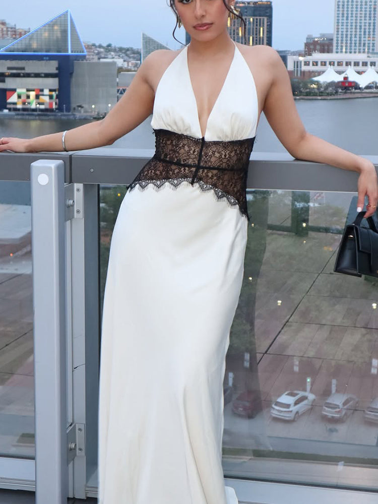 Alvara Halterneck Lace Panel Maxi Dress – Backless Sleeveless Occasion Gown