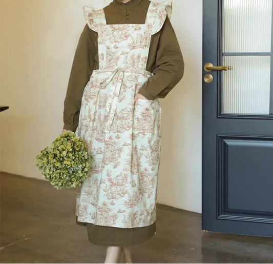 Water-Repellent Floral Ruffle Apron Dress – Vintage Full-Length Apron with Shoulder Frills and Tie Waist for Kitchen & Home