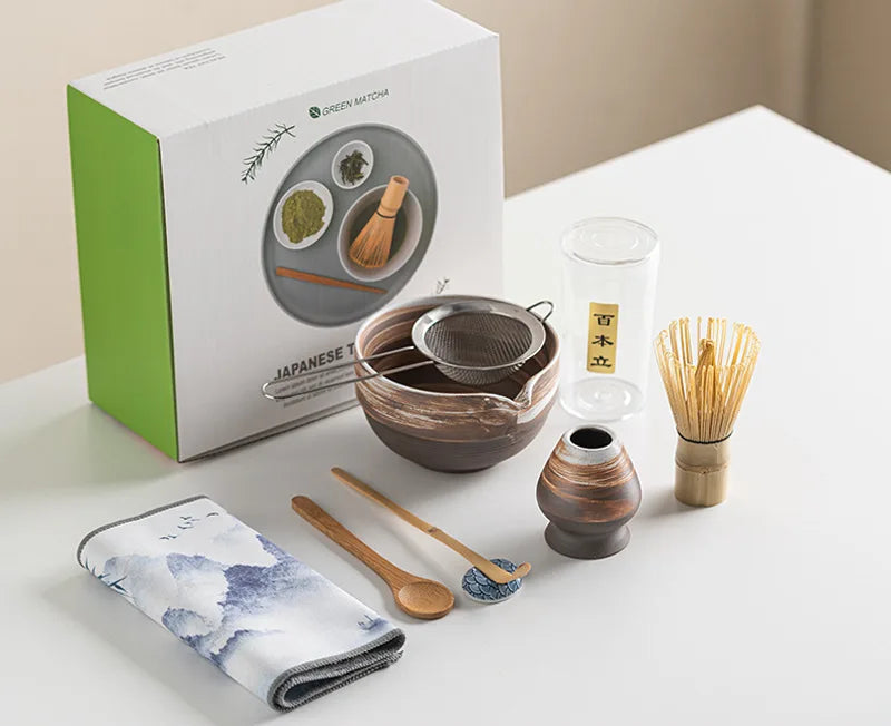 Kuroya Japanese-Style Matcha Gift Set – 8 Piece Ceramic Matcha Whisk Set with Bowl, Bamboo Whisk and Accessories