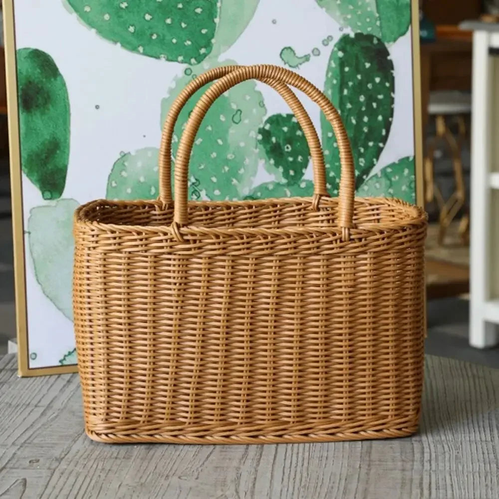 Handwoven Wicker Tote Basket – Natural Rattan Storage or Picnic Bag