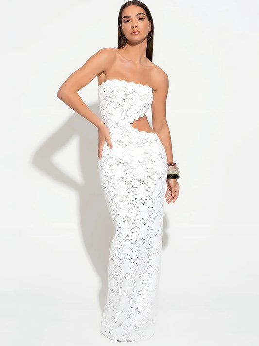 Azmira Strapless Lace Maxi Dress – White & Mustard Yellow Cut-Out Beach Holiday Dress