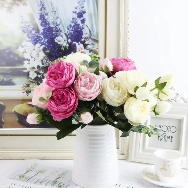 Peonelle Silk Peony Flower Bundle – 5 Head Faux Peony Stem with Buds Decorative Floral Arrangement