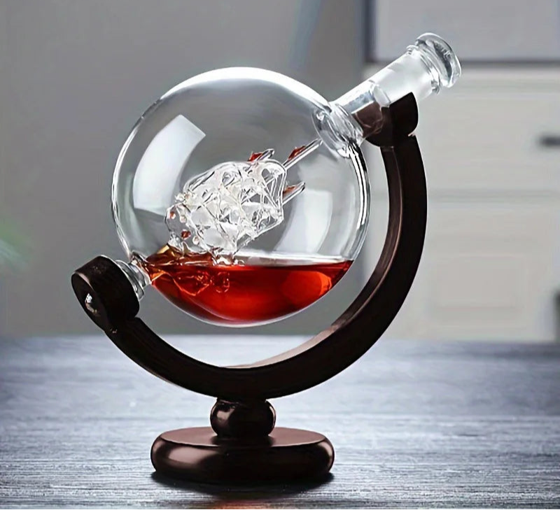 Globe Whiskey Decanter Set with Glasses – Etched Glass World Map Decanter on Wooden Stand