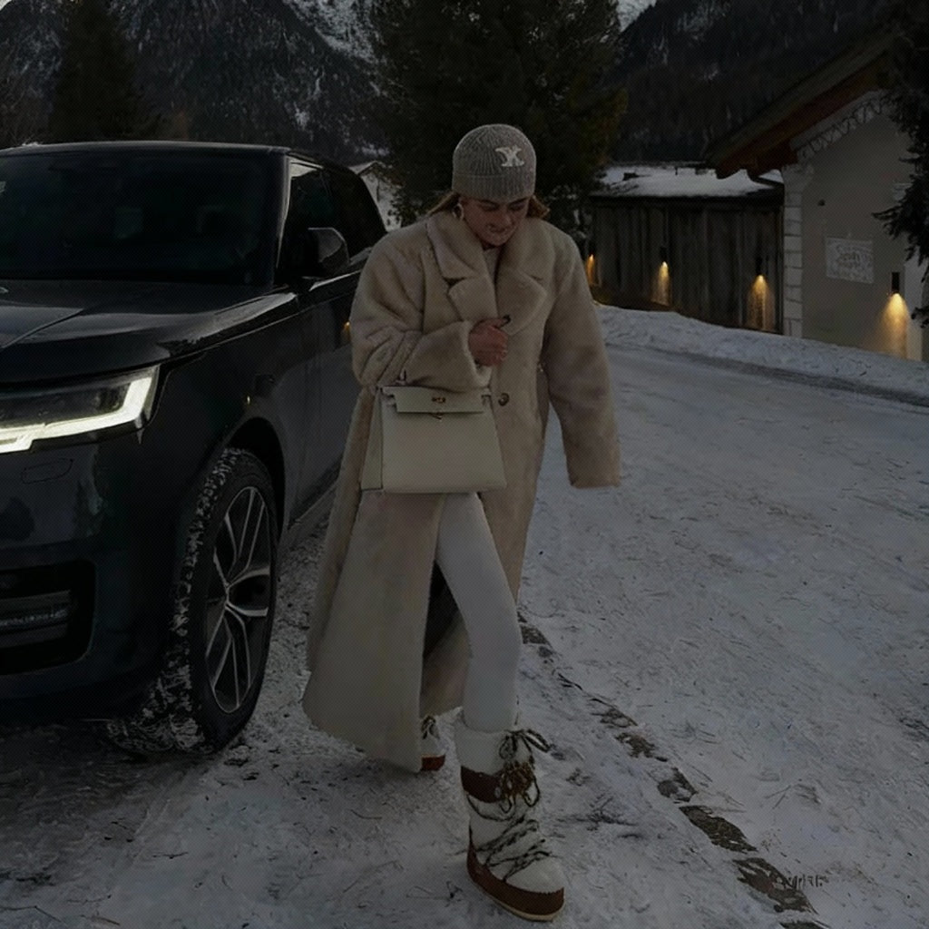 Brunelle Long Plush Faux Fur Belted Coat – Women’s Luxury Winter Faux Mink Jacket in Mocha Mink & Ivory Mink