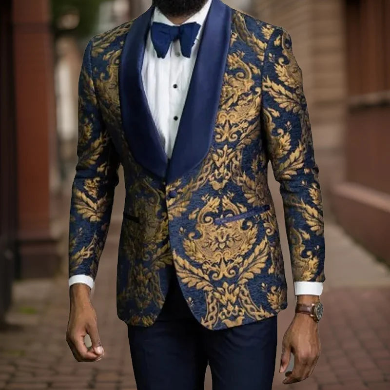 Carriston Men’s Navy and Gold Brocade Slim Fit Tuxedo Jacket – Satin Shawl Lapel Evening Dinner Jacket