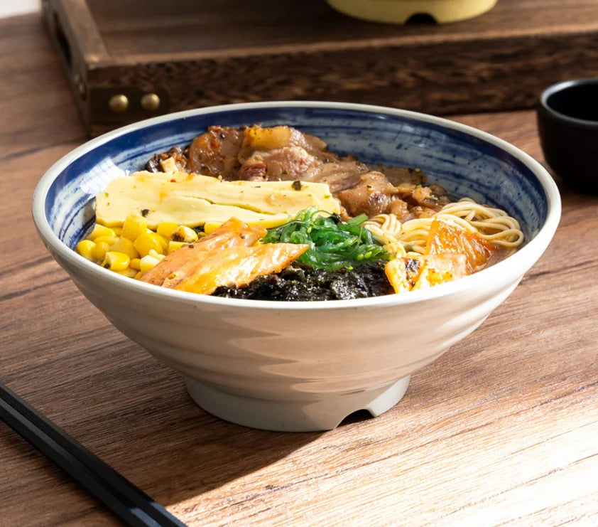 Hand-Painted Noodle Bowls – Large, Medium, Small Ramen, Pho & Soup Bowl Set in Brown, Blue, Green, Yellow