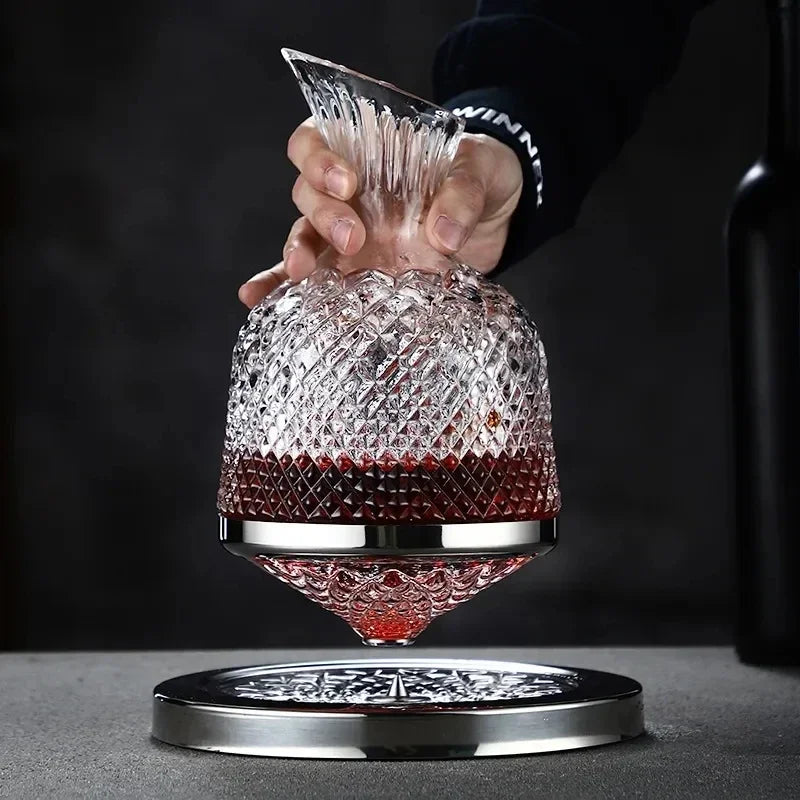 Rotating Crystal Whiskey Decanter with Gold/ Silver Base – 1.5L, Luxury Glass Liquor Carafe for Home Bar