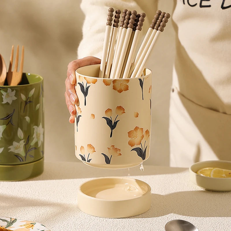 Floral Ceramic Kitchen Utensil Holder with Drain Tray – Cutlery Caddy, Chopstick Holder, Spoon & Fork Storage Jar