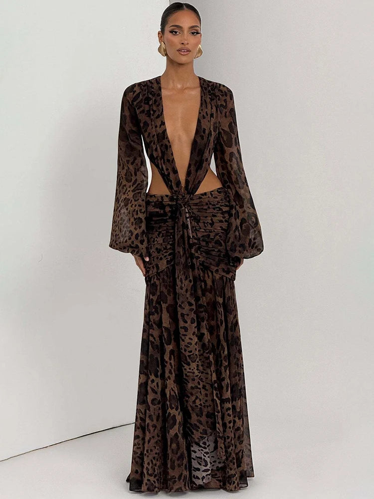 Zanisse Long Sleeve Plunge Maxi Dress – Backless Ruched Evening Gown for Elegant Occasionwear, Parties & Wedding Guest Outfits