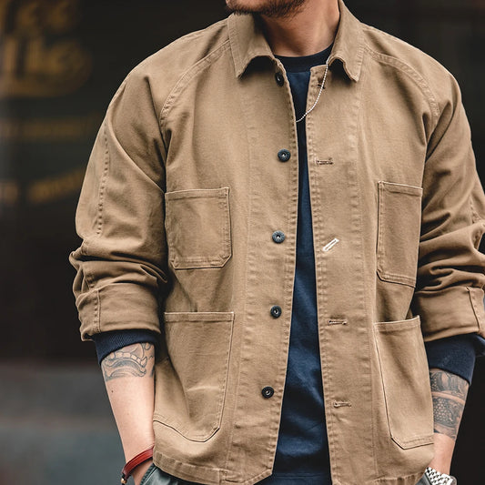 Elion Utility Jacket – Warm Stone Button-Up Men's Jacket with Flap Pockets & Classic Collar