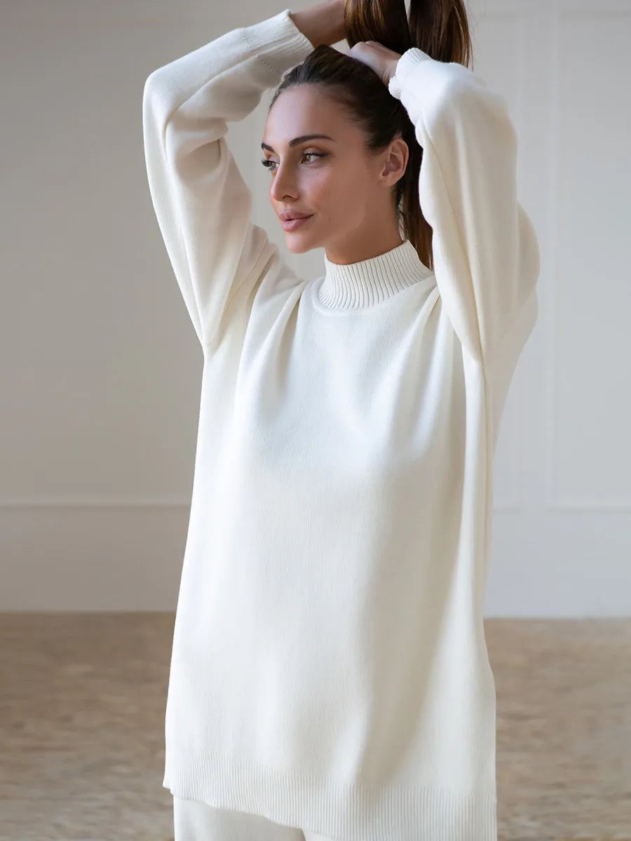 Zaneya Knit Co-Ord Lounge Set – Ribbed Turtle Neck Jumper and Wide Leg Trousers in Pink, White, Beige, Black or Green