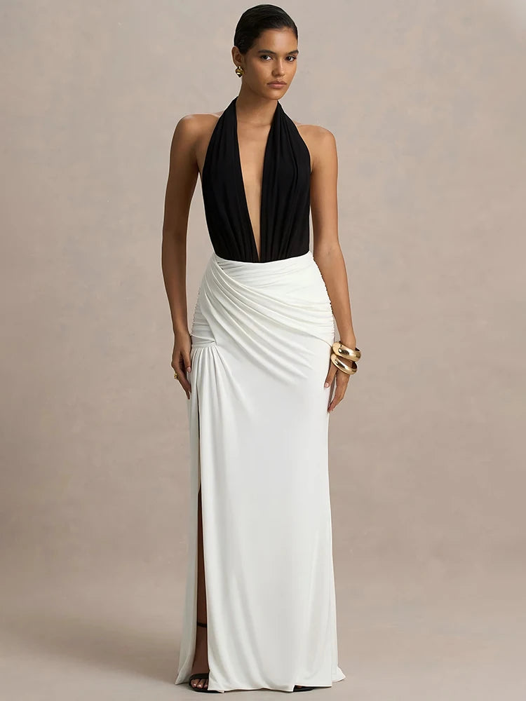 Selviane Halter Neck Black and White Maxi Dress – Deep Plunge Backless Evening Gown for Occasionwear, Partywear & Wedding Guests